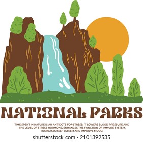 National parks with sun, waterfall, hills, mountain and tress vector illustration t shirt print