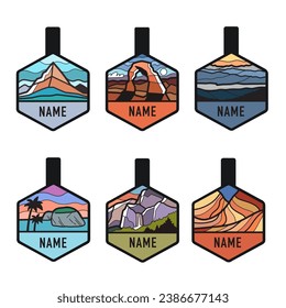 National parks theme medallions, vector hand drawn illustrations