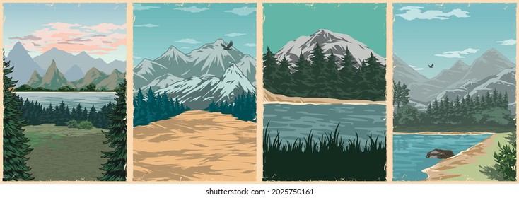 National parks vintage colorful posters with meadow grass bush stone flying birds river coasts forest and mountains landscapes vector illustration