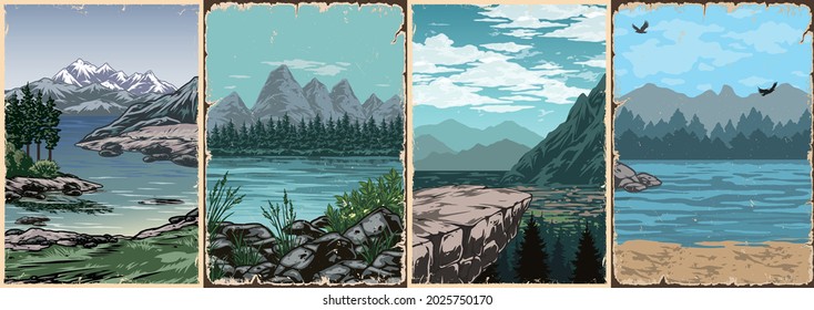 National parks vintage colorful posters with river and lake coasts flying birds cliff on forest and mountains landscapes vector illustration