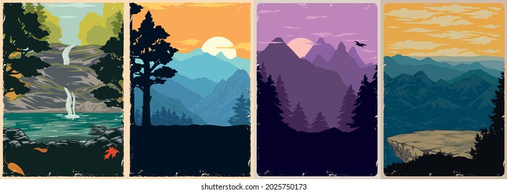 National parks vintage posters set with pond small waterfall falling leaves cliff forest mountains sunset and sunrise landscapes vector illustration