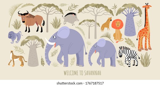 National parks. Welcome to the savannah. Vector illustration with african animals and plants. Cartoons in a flat style.