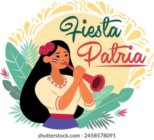 National party Mexico, woman with trumpet at national holiday