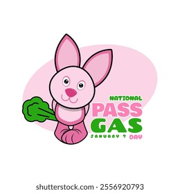 National Pass Gas Day to celebrate on January 7th. Illustration of a cute rabbit who has just passed gas.