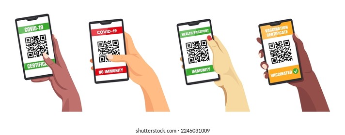 National pass. QR code. Covid-19 certificate. Phone in hand. Paper for business airplane. Global immunity passport. Identification barcode for vaccination check. Vector flat tidy cover