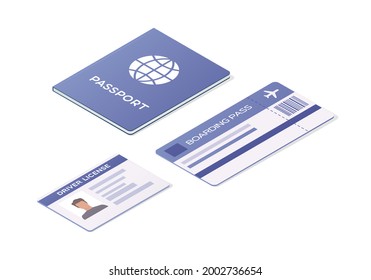 National passport, driver license and plane ticket. Colored isometric vector illustration. Isolated on white background.