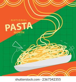 National Pasta Month on october 1, with delicious pasta on the plate and text isolated on abstract bakground for commemorate and celebrate National Pasta Month. Suitable for any design with that theme