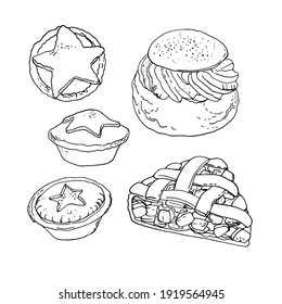 National pastries and sweets. Buns, semla, apple pie, mince pie. Vector drawing of food.