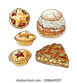 National pastries and sweets. Buns, semla, apple pie, mince pie. Vector drawing of food.