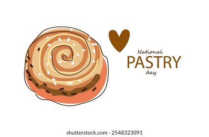 Día Nacional de la Pastelería. Dibujado a mano Ilustración vectorial plana de dibujos animados. Anuncio, cartel, tarjeta de felicitación, menú, receta. Fiesta de té, merienda de la tarde, desayuno, fondo de concepto temático de café.