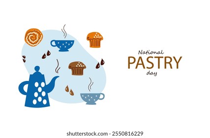 Dia nacional da pastelaria. Desenhado à mão ilustração de vetor plano de desenhos animados. Faixa, cartaz, cartão comemorativo, menu, receita. Festa de chá, snak à tarde, café da manhã, café com tema de fundo conceito.