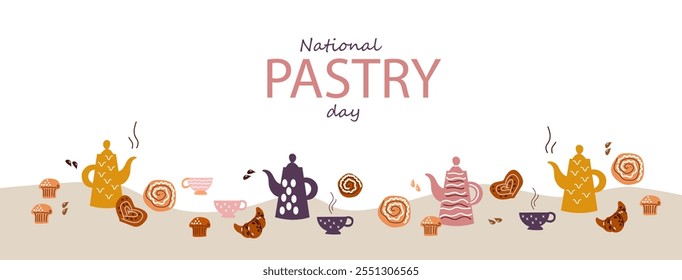 Dia nacional da pastelaria. Desenhado à mão ilustração de vetor plano de desenhos animados. Faixa, cartaz, cartão comemorativo, menu, receita. Festa de chá, snak à tarde, café da manhã, café com tema de fundo conceito.