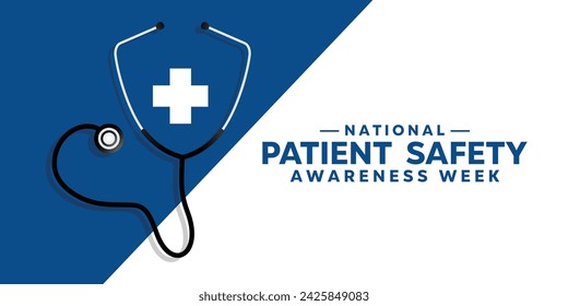 National Patient Safety Awareness Week. Shield-shaped stestoscope and plus icon. cards, banners, posters, social media and more. Blue and white background.