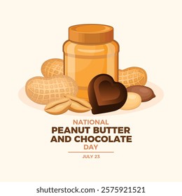 National Peanut Butter and Chocolate Day poster vector illustration. Peanut butter jar and chocolate praline heart icon vector. Template for background, banner, card, poster. July 23 every year