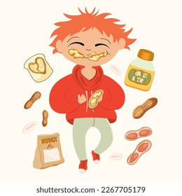 National Peanut Butter Day. Happy child eats a sandwich. Peanut elements
