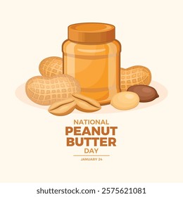 National Peanut Butter Day poster vector illustration. Peanut butter jar and peanut nuts icon vector. Roasted peanuts in shell drawing. Template for background, banner, card. January 24 every year