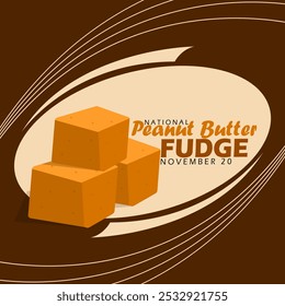 Dia Nacional do Fudge da Manteiga de Amendoim para comemorar em 20 de novembro. Três blocos de muito doce e delicioso fudge de manteiga de amendoim em fundo marrom escuro. Banner do evento de comida.