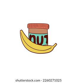 National Peanut Butter Lover's Day icons in doodle cartoon style - vector illustration. Glass jar peanut butter and banana.