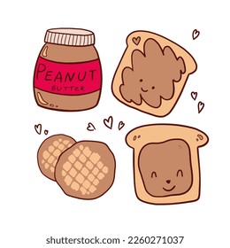 National Peanut Butter Lover's Day icons in doodle cartoon style - vector illustration. Glass jar, toast, cookies