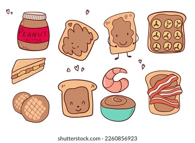 National Peanut Butter Lover's Day icons in doodle cartoon style - vector illustration. Glass jar, toast, cookies, sandwich with banana, sauce with shrimp, toast with bacon.