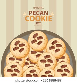 Nationaler Pecan Cookie Day am 21. September, mit Vektorgrafik einige Kekse mit ein paar Pfannkuchen in einem Container und Text einzeln auf abstraktem Hintergrund zum Feiern des National Pecan Cookie Day.