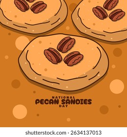 National Pecan Sandies Day to celebrate on June 23rd. Cookies with pecan topping on brown background. Food event banner.