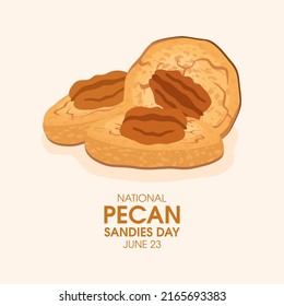 Vector del Día Nacional de las Sandias Pecanas. Galletas dulces con vectores de icono de nueces de pecans. Fiesta gastronómica americana. Afiche del Día de Arena Pecana, 23 de junio. Día importante