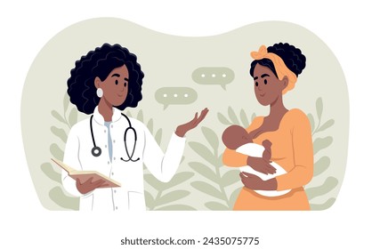 National Pediatrician Day baner. A pediatrician and a mother with a baby in her arms of different races and ages. Male and female doctors talking to patients during consultation.