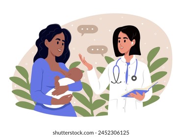 National Pediatrician Day. A pediatrician and a mother with a baby in her arms of different races and ages.