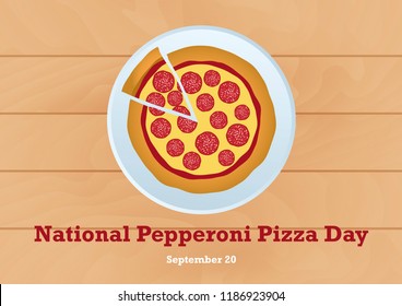 National Pepperoni Pizza Day vector. Salami pizza vector. Pepperoni Pizza day. Pieces of pizza on a wooden background