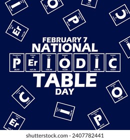 National Periodic Table Day event banner. Periodic table formulas with bold text on dark blue background to commemorate on February 7