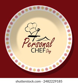 National Personal Chef Day event banner. A beautiful plate containing a picture of a chef's hat, knife, spatula and bold text on dark red background to celebrate on July 16th