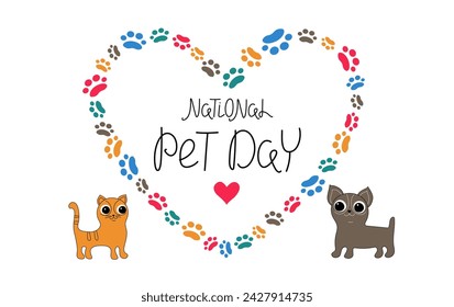  National Pet Day. 11 April. Cute cartoon dog, cat. Traces, paw prints of an animal. Vector background for print design. Holiday social media post and card design with cute pets. 