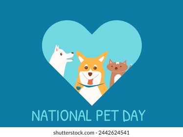 National Pet Day banner. Domestic animal holiday design greeting card, poster. Dogs and cat in heart shape. Awareness about shelter for homeless animals. Vector flat illustration.