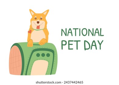 National Pet Day card. Domestic animal holiday design banner, poster. Awareness about shelter for homeless animals. dog with carrier vertical flyer. Vector flat illustration in white background.