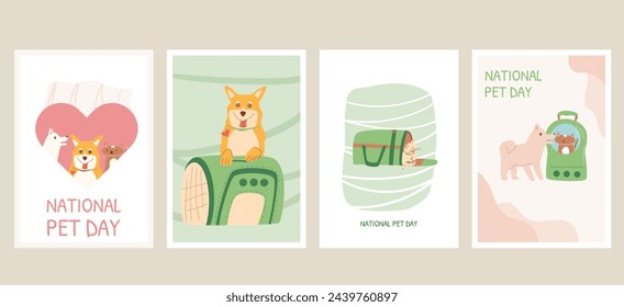 National Pet Day cards set. Domestic animal holiday design greeting banner, poster. Awareness about shelter for homeless dogs and cats. Vector flat illustration.