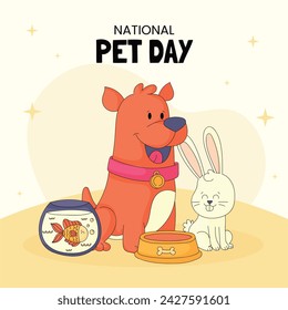 Día Nacional de las Mascotas. Fondo del día de mascotas feliz. 11 de abril. Celebración del Día de Mascotas. Diseño de ilustración vectorial de dibujos animados para póster, banner, volante, saludo, tarjeta, cubierta, post, promoción, evento.