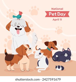 Día Nacional de las Mascotas. Fondo del día de mascotas feliz. 11 de abril. Celebración del Día de Mascotas. Diseño de ilustración vectorial de dibujos animados para póster, banner, volante, saludo, tarjeta, cubierta, post, promoción, evento.