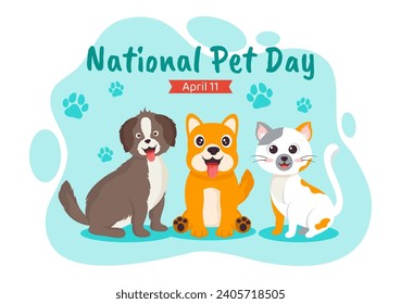 Ilustración vectorial del Día Nacional de las Mascotas el 11 de abril con mascotas cortas de gatos y perros para celebrar a su compañero animal en fondo de caricatura plana