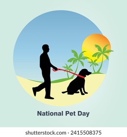 National Pet Day vector, illustration. Man walking with pet dog on beach.