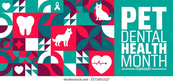 National pet dental health month geometric shape pattern background banner or poster design template with pet tooth design. observed every year in February. Holiday concept. Use to any Template, card.