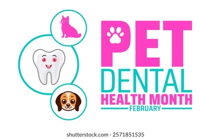 National pet dental health month background banner or poster design template with pet, dog, cat and tooth picture. observed every year in February. Holiday concept. Use to any Template.