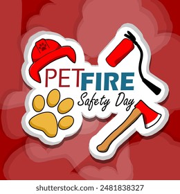 National Pet Fire Safety Day event banner.  Paw icon with fireman's hat, fire extinguisher and fireman's ax on dark red smoke background to celebrate on July 15th