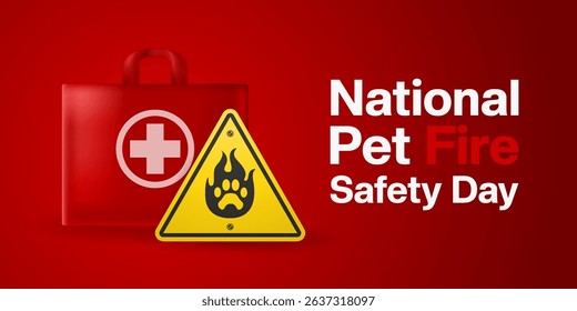 National Pet Fire Safety Day. Pet icon, fire and medic. Great for posters, banners and social media. Red background.