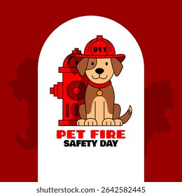 National Pet Fire Safety Day to celebrate on July 15th. Illustration of a dog wearing a firefighter hat with a fire hydrant on a dark red background.