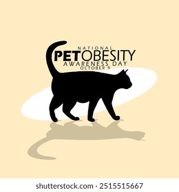 National Pet Obesity Awareness Day celebrate on October 9th animal event banner. A very fat black cat on light cream background