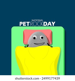 National Pet Rock Day event banner. A stone with eyes and a smile on the bed on dark turquoise background to celebrate on September