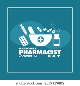 National Pharmacist Day to celebrate on January 12th. Pharmacist icons such as medicine mixing bowls, pills, tablets, capsules and syringes. Health event banner.