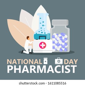 National Pharmacist Day is celebrated in January 12. Doctor of pharmacy is working in drugstore and standing near medicine pills, bottle. Staff helps to choose medicaments. Healthcare concept vector.