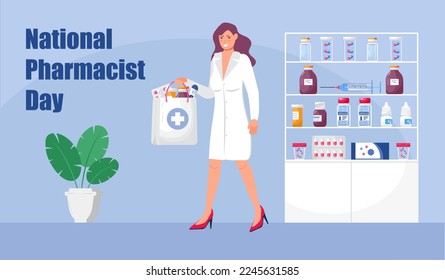 National Pharmacist Day is celebrated in January 12. Healthcare concept vector. Pharmacy seller is working in drugstore and standing near medicine pills, bottle. Staff helps to choose medicaments. 